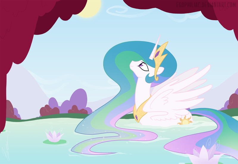 Size: 1800x1238 | Tagged: safe, artist:egophiliac, derpibooru import, princess celestia, alicorn, pony, beautiful, behaving like a bird, behaving like a duck, female, floating, flower, folded wings, large wings, lilypad, long mane, long tail, looking up, majestic, mare, mountain, pond, show accurate, smiling, solo, sparkles, spring, sun, swanlestia, swimming, swimming pool, water
