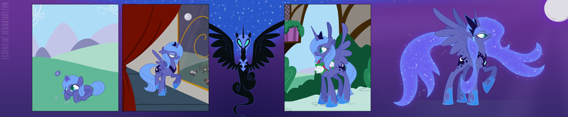 Size: 3263x675 | Tagged: safe, artist:egophiliac, derpibooru import, nightmare moon, princess luna, alicorn, pony, adult, aging, cute, female, filly, mare, s1 luna, through the years, ultimate luna, woona