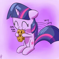 Size: 900x900 | Tagged: safe, artist:paradigmpizza, deleted from derpibooru, derpibooru import, twilight sparkle, pony, unicorn, :t, cookie, cute, eyes closed, female, filly, floppy ears, foal, food, gradient background, hoof hold, nom, puffy cheeks, sitting, smiling, solo, tail wag, twiabetes, unicorn twilight