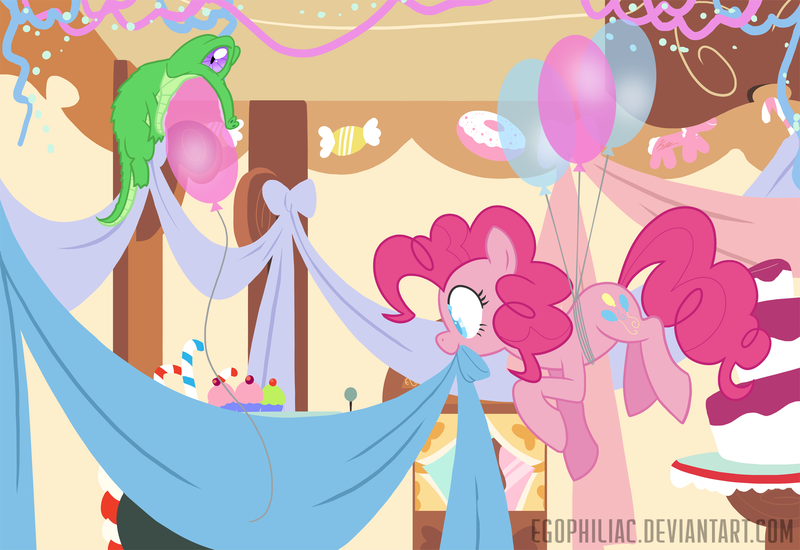 Size: 1800x1238 | Tagged: safe, artist:egophiliac, derpibooru import, gummy, pinkie pie, earth pony, pony, balloon, colored pupils, cupcake, decoration, female, floating, food, mare, mouth hold, sugarcube corner, then watch her balloons lift her up to the sky