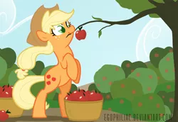 Size: 1800x1238 | Tagged: safe, artist:egophiliac, derpibooru import, applejack, earth pony, pony, apple, colored pupils, female, mare, mouth hold, rearing, tree