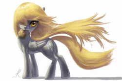 Size: 1346x894 | Tagged: safe, artist:raikoh, derpibooru import, derpy hooves, pegasus, pony, background pony, beautiful, epic derpy, female, food, hair over one eye, mare, mouth hold, muffin, simple background, solo, wind, windswept mane