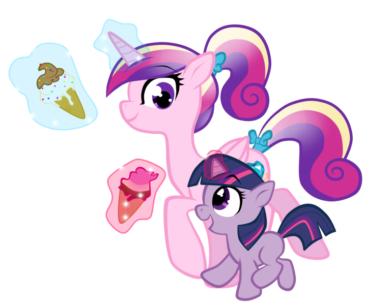 Size: 2504x1950 | Tagged: safe, artist:xnightmelody, derpibooru import, princess cadance, twilight sparkle, alicorn, pony, unicorn, cute, female, filly, filly twilight sparkle, foal, glowing horn, ice cream, magic, mare, ponytail, simple background, teen princess cadance, telekinesis, transparent background, twiabetes, unicorn twilight, vector, younger