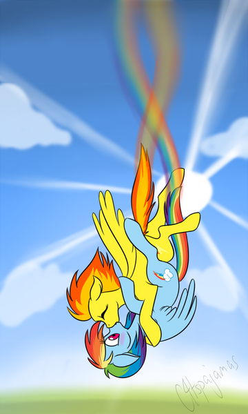 Size: 900x1500 | Tagged: source needed, safe, artist:calicopikachu, derpibooru import, rainbow dash, spitfire, pegasus, pony, artifact, blushing, cloud, cloudy, contrail, crepuscular rays, cute, cutefire, dashabetes, eyes closed, falling, female, first lesbian picture on derpibooru, first rainbow dash picture on derpibooru, first shipping picture on derpibooru, first spitfire picture on derpibooru, floppy ears, flying, hug, image, kissing, lesbian, mare, omote renge, one of the first, png, rainbow, rainbow trail, shipping, signature, sky, skyfall, spitdash, spread wings, sun, sunlight, sunshine, surprise kiss, surprised, wide eyes, wings