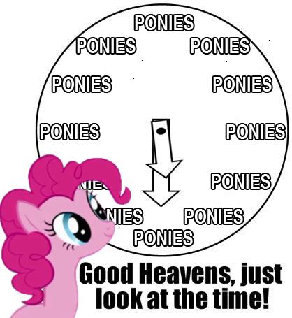 Size: 418x455 | Tagged: artist needed, source needed, safe, derpibooru import, pinkie pie, earth pony, pony, artifact, caption, clock, female, image macro, just look at the time, mare, meme, photoshop, pinkie time, pony time, reaction image, smiling, solo, text, time for ponies