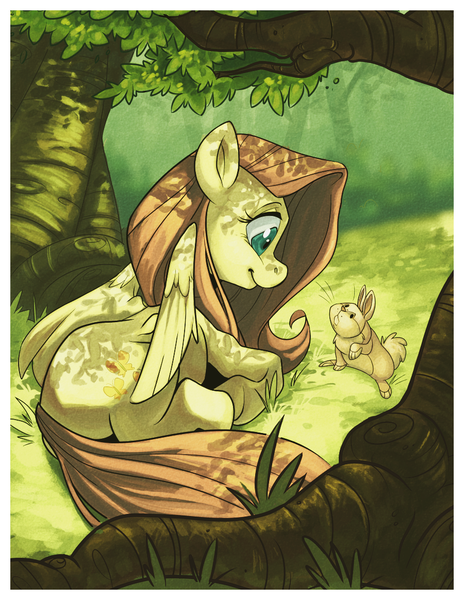 Size: 900x1164 | Tagged: safe, artist:frostadflakes, derpibooru import, fluttershy, pegasus, pony, rabbit, animal, dappled sunlight, eye contact, female, forest, looking at each other, mare, prone, smiling, tree
