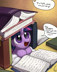 Size: 1600x2000 | Tagged: safe, artist:valcron, derpibooru import, twilight sparkle, pony, unicorn, adorkable, book, book fort, conversation, cute, daaaaaaaaaaaw, dialogue, dork, female, filly, filly twilight sparkle, foal, fort, hnnng, pillow, prone, solo, that pony sure does love books, twiabetes, unicorn twilight, weapons-grade cute, younger
