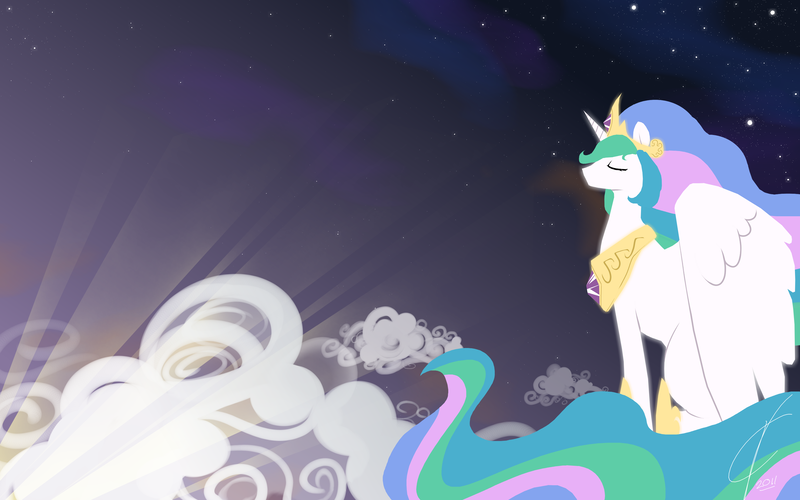 Size: 3200x2000 | Tagged: safe, artist:valcron, derpibooru import, princess celestia, alicorn, pony, cloud, eyes closed, female, high res, mare, sitting, solo, sunrise, wallpaper