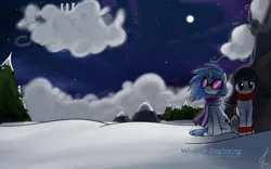 Size: 3200x2000 | Tagged: safe, artist:valcron, derpibooru import, octavia melody, vinyl scratch, earth pony, pony, unicorn, canterlot, clothes, cloudsdale, female, high res, mare, moon, night, scarf, scenery, shipping, sitting, snow, sweater