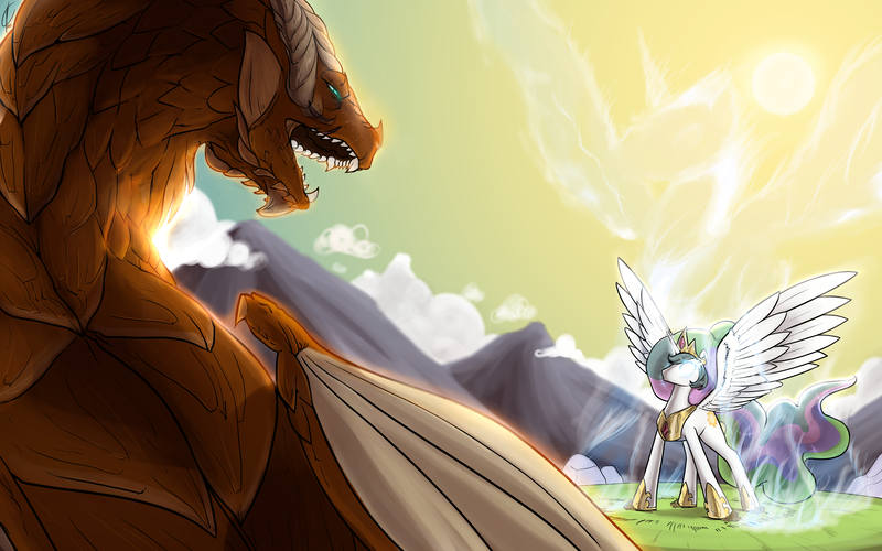 Size: 4800x3000 | Tagged: safe, artist:valcron, derpibooru import, princess celestia, alicorn, dragon, pony, female, glowing eyes, mare, spread wings, wings