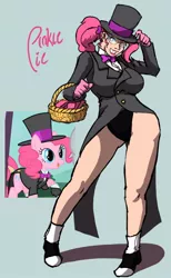 Size: 718x1162 | Tagged: safe, artist:moronsonofboron, derpibooru import, pinkie pie, earth pony, human, pony, big breasts, breasts, busty pinkie pie, clothes, female, hat, humanized, image, jpeg, leotard, magician outfit, mare, solo, spats, thighs, top hat, tuxedo