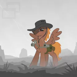 Size: 1280x1280 | Tagged: safe, artist:slushy, derpibooru import, oc, oc:calamity, unofficial characters only, pegasus, pony, fallout equestria, fanfic, battle saddle, fanfic art, gun, hat, male, rifle, solo, stallion, wasteland, weapon, wings