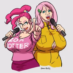 Size: 848x848 | Tagged: artist:moronsonofboron, big breasts, breasts, busty fluttershy, busty pinkie pie, derpibooru import, duo, duo female, female, fluttershy, glasses, huge breasts, human, humanized, microphone, pinkie pie, ponytail, simple background, singing, suggestive