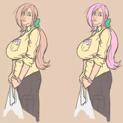Size: 800x800 | Tagged: artist:moronsonofboron, big breasts, breasts, busty fluttershy, derpibooru import, female, fluttershy, human, humanized, safe, simple background, solo