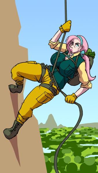 Size: 678x1200 | Tagged: artist:moronsonofboron, big breasts, boots, breasts, busty fluttershy, climbing harness, clothes, derpibooru import, female, fluttershy, frog, gloves, huge breasts, human, humanized, rock climbing, rope, safe, solo