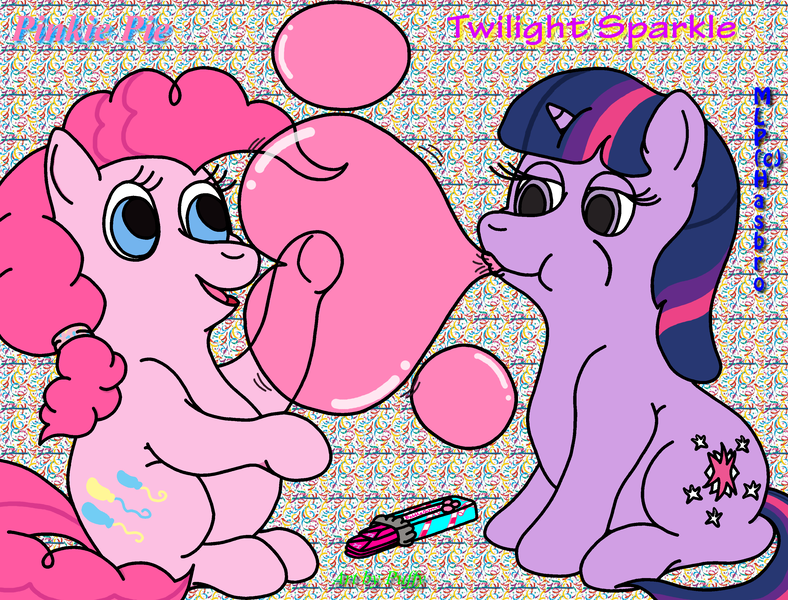 Size: 3272x2490 | Tagged: safe, artist:puffydearlysmith, derpibooru import, pinkie pie, twilight sparkle, earth pony, pony, unicorn, bubblegum, female, high res, lesbian, mare, shipping, twinkie
