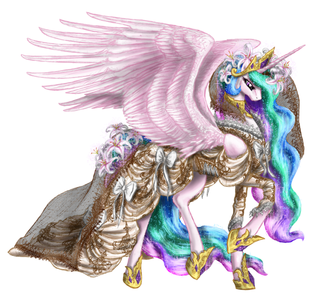 Size: 3082x2870 | Tagged: safe, artist:cobaltstratos, derpibooru import, princess celestia, alicorn, pony, bow, clothes, dress, female, gala dress, high res, mare, simple background, solo, transparent background