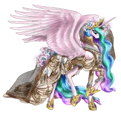Size: 3082x2870 | Tagged: safe, artist:cobaltstratos, derpibooru import, princess celestia, alicorn, pony, bow, clothes, dress, female, gala dress, high res, mare, simple background, solo, transparent background