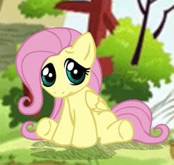 Size: 709x672 | Tagged: safe, artist:megasweet, derpibooru import, fluttershy, pegasus, pony, cute, female, filly, fluttershy's cottage, foal, gif, looking at you, non-animated gif, shadow, sitting, solo