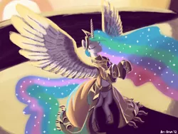Size: 900x675 | Tagged: safe, artist:aa, derpibooru import, princess celestia, alicorn, pony, clothes, dress, eyes closed, female, mare, rearing, solo, spread wings, sun work