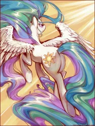 Size: 2000x2666 | Tagged: safe, artist:chio-kami, derpibooru import, princess celestia, alicorn, pony, female, flying, high res, mare, missing accessory, plot, rear view, solo, spread wings, sunbutt, sunrise, underhoof, windswept mane