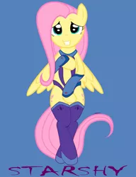 Size: 981x1280 | Tagged: artist:raptorsr, covering, dc comics, derpibooru import, embarrassed, female, fluttershy, looking at you, safe, semi-anthro, simple background, solo, starfire, starshy, superhero
