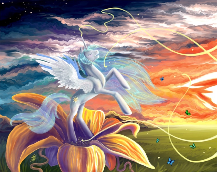 Size: 1200x949 | Tagged: safe, artist:dragonataxia, derpibooru import, princess celestia, alicorn, butterfly, pony, birth, eyes closed, female, flower, mare, rearing, solo