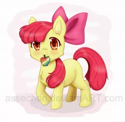 Size: 2058x2011 | Tagged: safe, artist:assechan, derpibooru import, apple bloom, earth pony, pony, adorabloom, apple bloom's bow, bow, cute, female, filly, hair bow, high res, looking at you, mouth hold, solo, watermark, zap apple