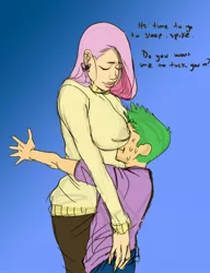 Size: 786x1022 | Tagged: artist:discotecnia ottanta, big breasts, boob smothering, breasts, busty fluttershy, butt touch, clothes, derpibooru import, dialogue, erect nipples, eyes closed, female, fluttershy, flutterspike, gradient background, hand on butt, human, humanized, male, nipple outline, ponibooru import, shipping, spike, straight, suggestive, sweater, sweatershy, :t