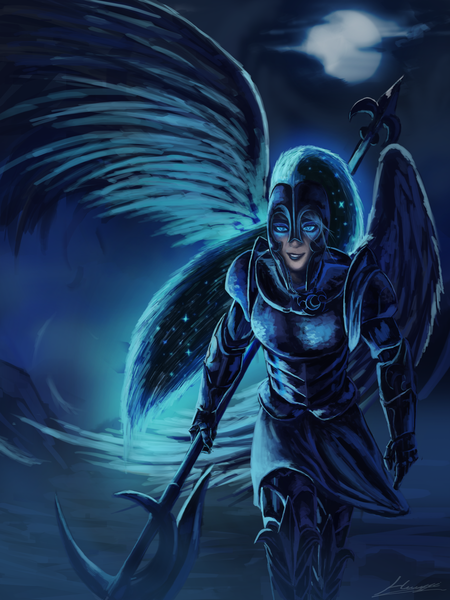 Size: 1500x2000 | Tagged: armor, artist:huussii, derpibooru import, female, halberd, helmet, human, humanized, moon, night, nightmare moon, polearm, safe, solo, starry hair, weapon, winged humanization, wings, woman