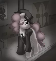 Size: 900x990 | Tagged: safe, artist:bamboodog, derpibooru import, pinkie pie, earth pony, pony, clothes, female, leaning, mare, noir, solo, streetlight, suit