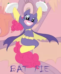 Size: 1053x1280 | Tagged: safe, artist:raptorsr, derpibooru import, pinkie pie, earth pony, pony, batgirl, clothes, costume, dc comics, female, food, mare, pie, super best friends forever, superhero