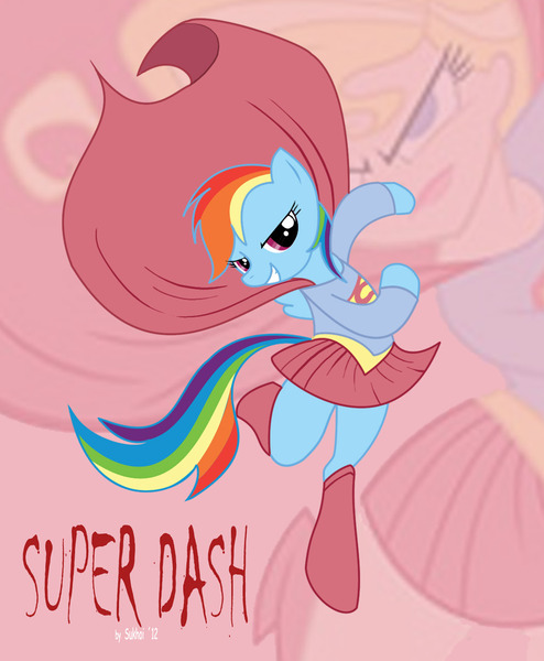 Size: 1053x1280 | Tagged: artist:raptorsr, clothes, costume, dc comics, derpibooru import, female, rainbow dash, safe, semi-anthro, super best friends forever, supergirl, superhero