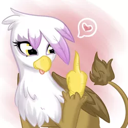 Size: 800x800 | Tagged: safe, artist:bamboodog, derpibooru import, gilda, gryphon, cute, female, heart, middle finger, playful, solo, tongue out, vulgar