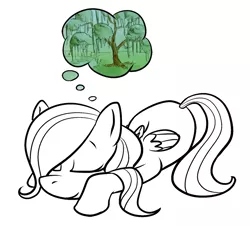 Size: 800x722 | Tagged: safe, artist:okiedokielowkey, derpibooru import, fluttershy, pegasus, pony, dream, female, filly, i'd like to be a tree, simple background, sleeping, solo, tree, young
