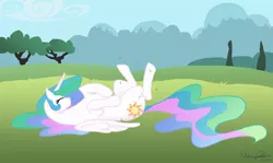 Size: 1000x597 | Tagged: safe, artist:glittering-pony, derpibooru import, princess celestia, alicorn, pony, cute, cutelestia, eyes closed, female, grass, horses doing horse things, mare, meadow, on back, rolling, sillestia, solo