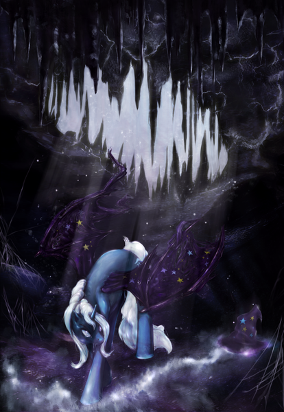 Size: 2408x3494 | Tagged: safe, artist:miradge, artist:noel, derpibooru import, trixie, alicorn, bat pony, bat pony alicorn, pony, alicornified, cave, colored wings, crepuscular rays, crying, female, hat, high res, mare, race swap, solo, stalactite, stalagmite, starry wings, trixiecorn, wings