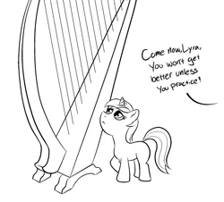 Size: 900x812 | Tagged: safe, artist:okiedokielowkey, derpibooru import, lyra heartstrings, pony, unicorn, female, filly, harp, looking up, monochrome, musical instrument, simple background, solo, young