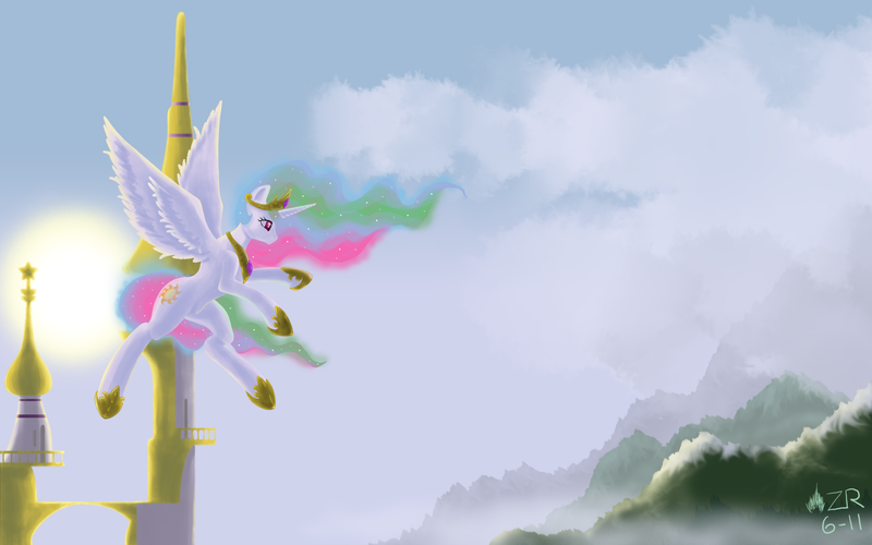 Size: 2400x1500 | Tagged: safe, artist:sagebrushpony, derpibooru import, princess celestia, alicorn, pony, canterlot, female, flying, mare, solo, sun