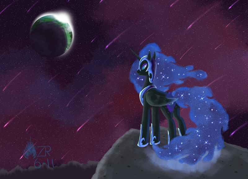 Size: 2160x1556 | Tagged: safe, artist:sagebrushpony, derpibooru import, nightmare moon, alicorn, pony, angry, banished, female, mare, meteor shower, moon, night sky, sky, solo