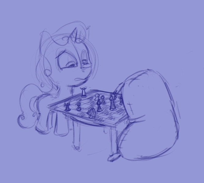 Size: 738x664 | Tagged: safe, artist:okiedokielowkey, derpibooru import, madame le flour, sweetie belle, pony, unicorn, checkmate, chess, chessboard, female, filly, monochrome, simple background