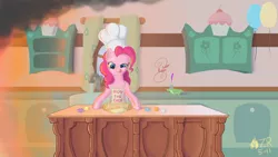 Size: 1920x1080 | Tagged: safe, artist:sagebrushpony, derpibooru import, gummy, pinkie pie, earth pony, pony, apron, baking, bipedal, chef's hat, clothes, cooking, female, fire, food, hat, kitchen, mare, rolling pin, tongue out, wallpaper