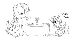 Size: 900x496 | Tagged: safe, artist:okiedokielowkey, derpibooru import, rarity, sweetie belle, pony, unicorn, cushion, dinner, dumb fabric, female, filly, food, magic, mare, meatball, messy, messy eating, monochrome, pasta, ponies eating meat, simple background, sitting, spaghetti, sweetie fail