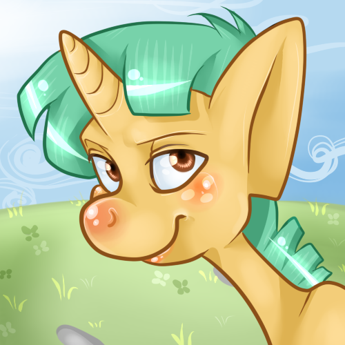 Size: 500x500 | Tagged: dead source, safe, artist:bluecrabs, derpibooru import, snails, pony, unicorn, blushing, bust, colt, male, portrait, smiling, solo