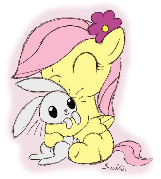 Size: 897x996 | Tagged: safe, artist:suahkin, derpibooru import, angel bunny, fluttershy, pegasus, pony, eyes closed, female, filly, flower, flower in hair, foal, hug, sitting