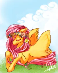 Size: 900x1123 | Tagged: dead source, safe, artist:foervraengd, derpibooru import, fluttershy, pegasus, pony, female, floral head wreath, flower, hippie, hippieshy, mare, prone, solo, spread wings, wings