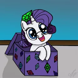 Size: 1080x1080 | Tagged: safe, artist:bosontar, derpibooru import, rarity, pony, unicorn, box, cute, female, filly, foal, looking at you, pony in a box, present