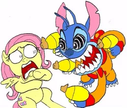 Size: 457x392 | Tagged: safe, artist:terry, derpibooru import, fluttershy, pegasus, pony, crossover, disney, experiment 626, female, mare, shocked, simple background, stitch, weapon, white background
