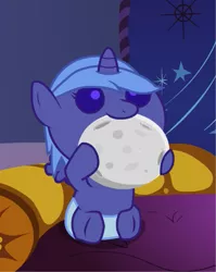 Size: 405x510 | Tagged: safe, artist:tediium, derpibooru import, princess luna, alicorn, pony, baby, baby pony, cute, diaper, edible heavenly object, female, filly, foal, moon, nom, solo, tangible heavenly object, woona