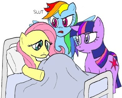 Size: 391x314 | Tagged: safe, artist:terry, derpibooru import, fluttershy, rainbow dash, twilight sparkle, pegasus, pony, unicorn, alternate universe, bed, female, frown, hospital bed, mare, pregnant, rainbow douche, shaming, simple background, slut, sluttershy, trio, unicorn twilight, vulgar, white background